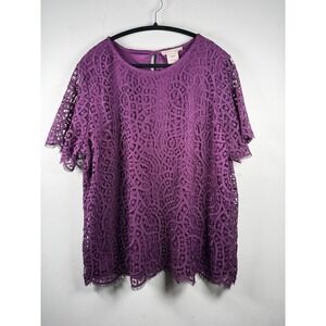 Philosophy Purple Lace XXL Lined Crew Neck Short Sleeve Blouse Top Plus Office